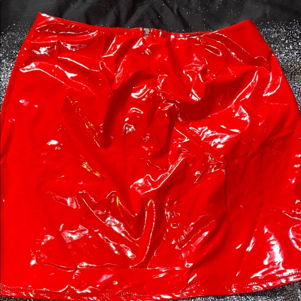 Red leather mini skirt